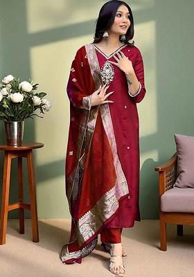 Maroon Embroidered Blended Kurta Set