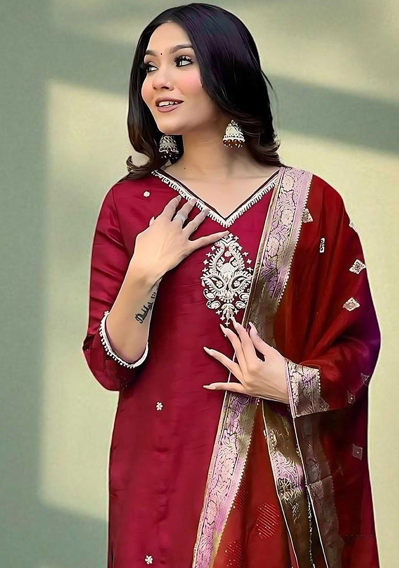Maroon Embroidered Blended Kurta Set - Indya