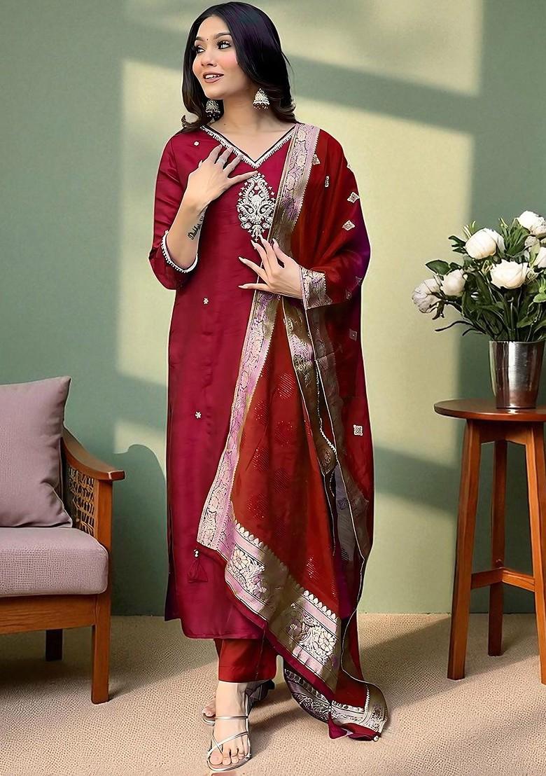 Maroon Embroidered Blended Kurta Set - Indya