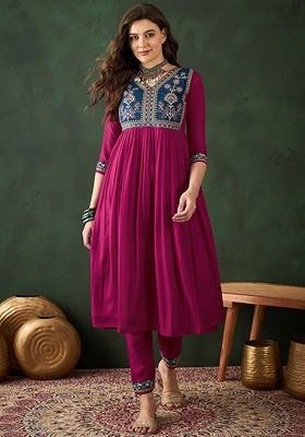 Pink Embroidered Blended Kurta Set