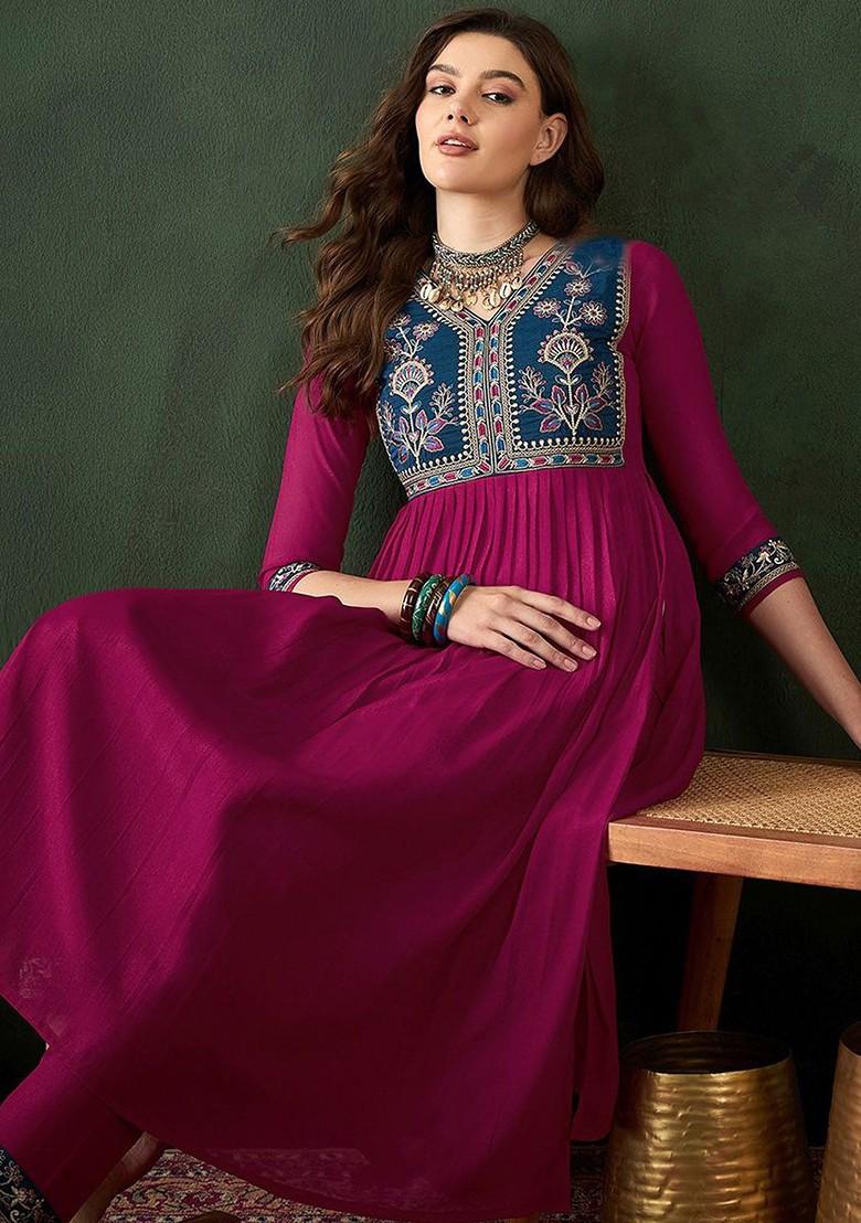 Pink Embroidered Blended Kurta Set - Indya