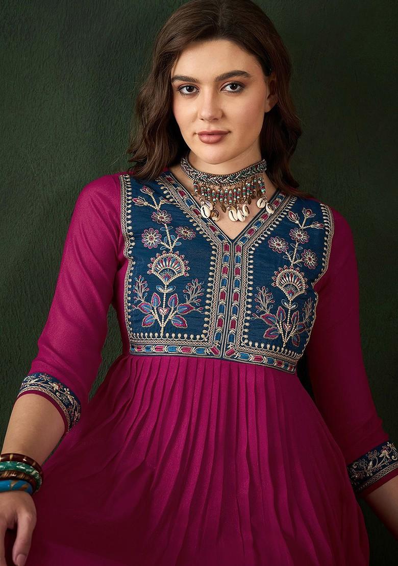 Pink Embroidered Blended Kurta Set - Indya