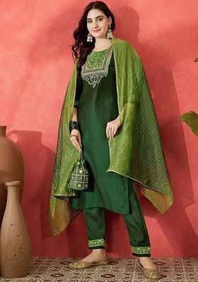 Green Embroidered Blended Kurta Set