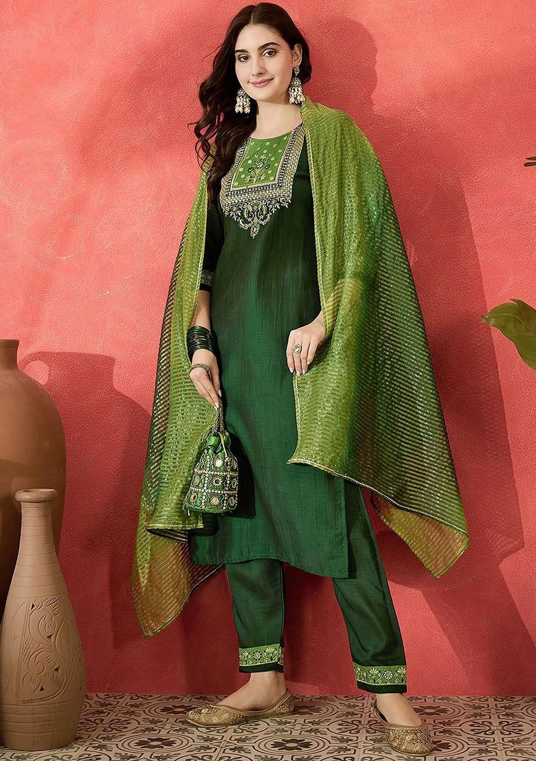 Green Embroidered Blended Kurta Set - Indya