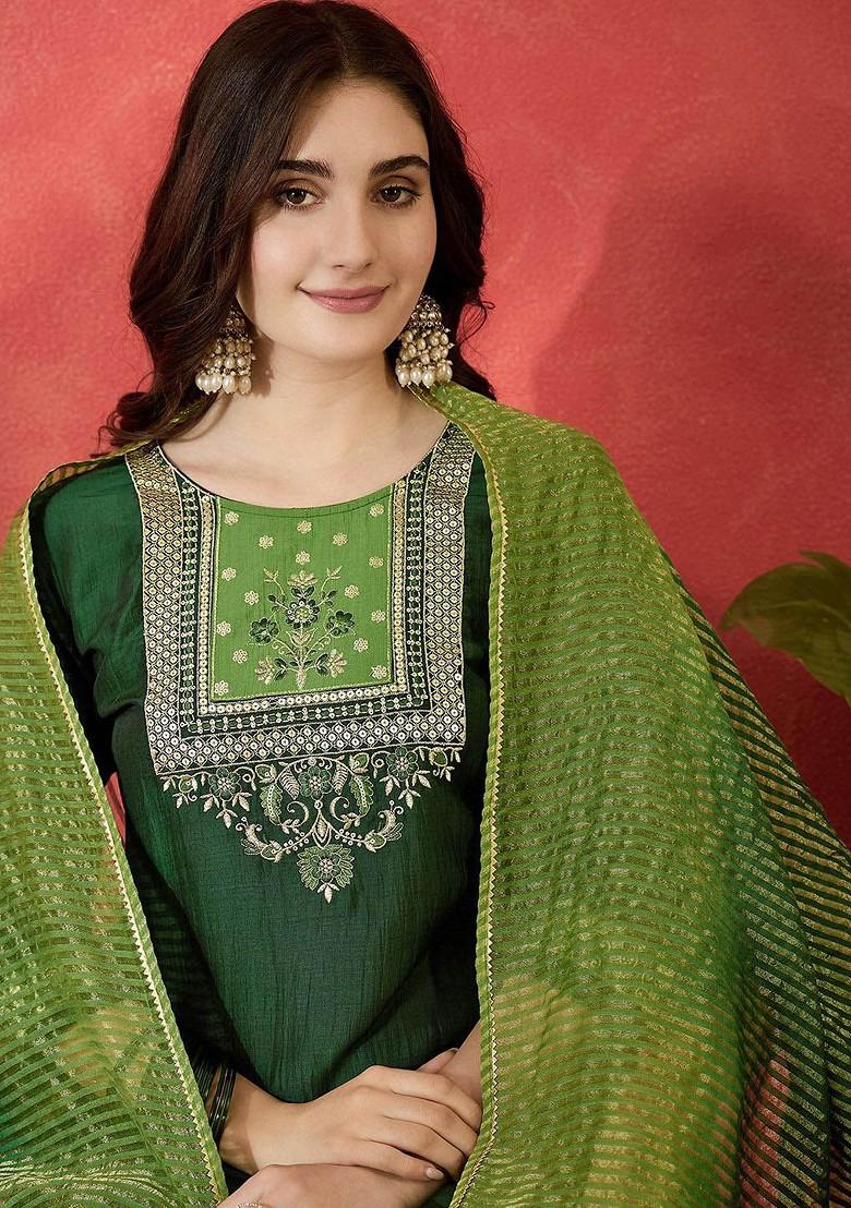 Green Embroidered Blended Kurta Set - Indya