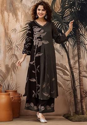 Black Printed Blended Kurta Set