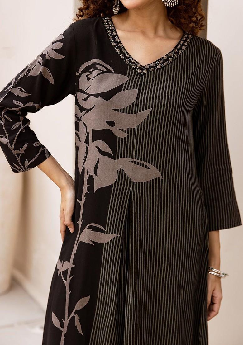 Black Printed Blended Kurta Set - Indya