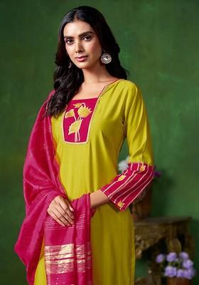 Green Embroidered Blended Kurta Set