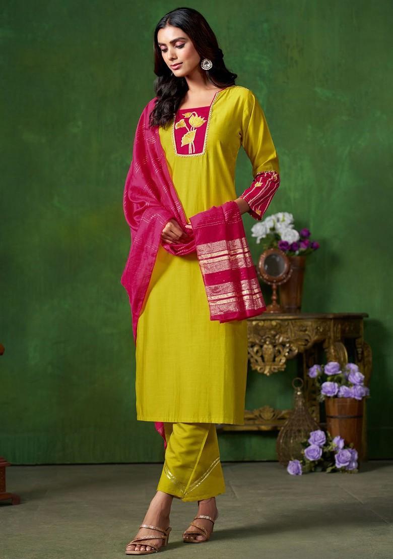 Green Embroidered Blended Kurta Set - Indya