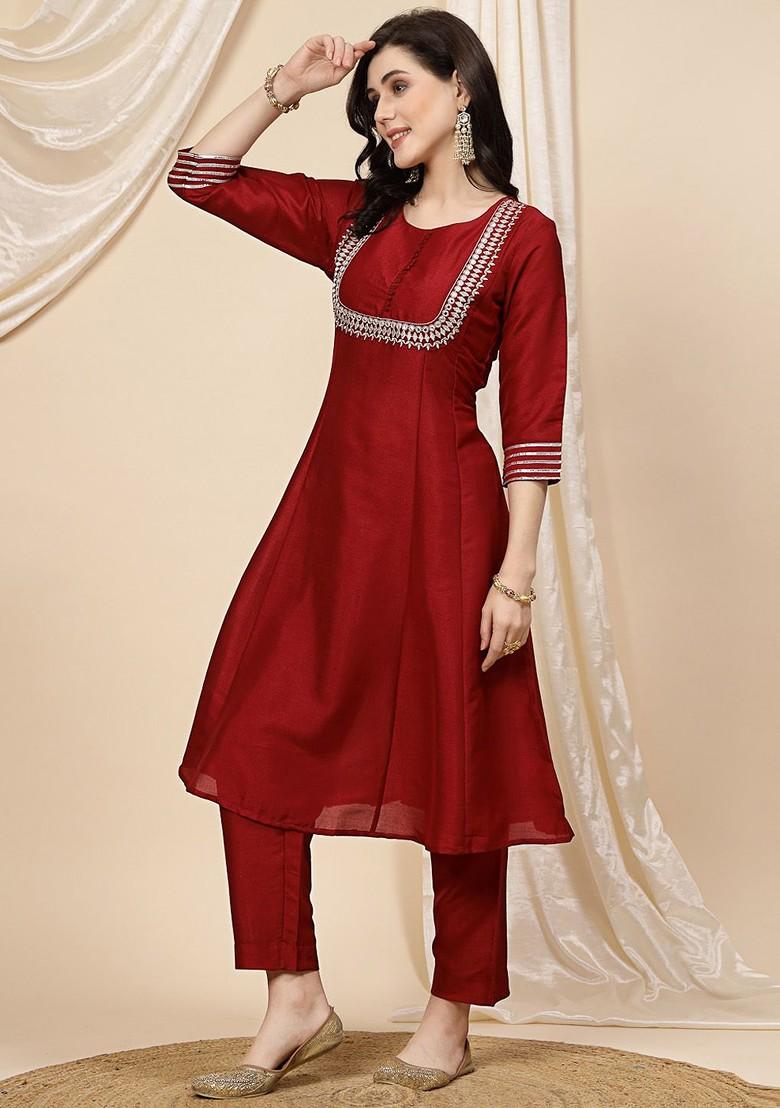 Maroon Embroidered Blended Kurta Set - Indya