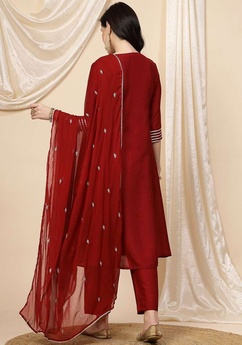 Maroon Embroidered Blended Kurta Set - Indya