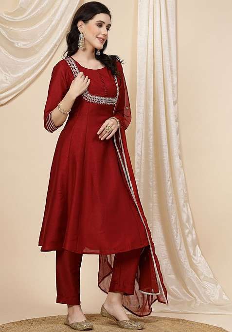 Maroon Embroidered Blended Kurta Set