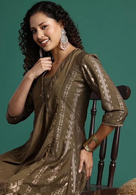 Green Printed Blended Kurta Set