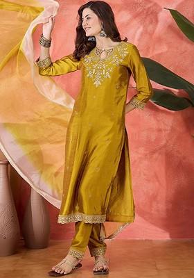 Mustard Yoke Design Blended Kurta Set