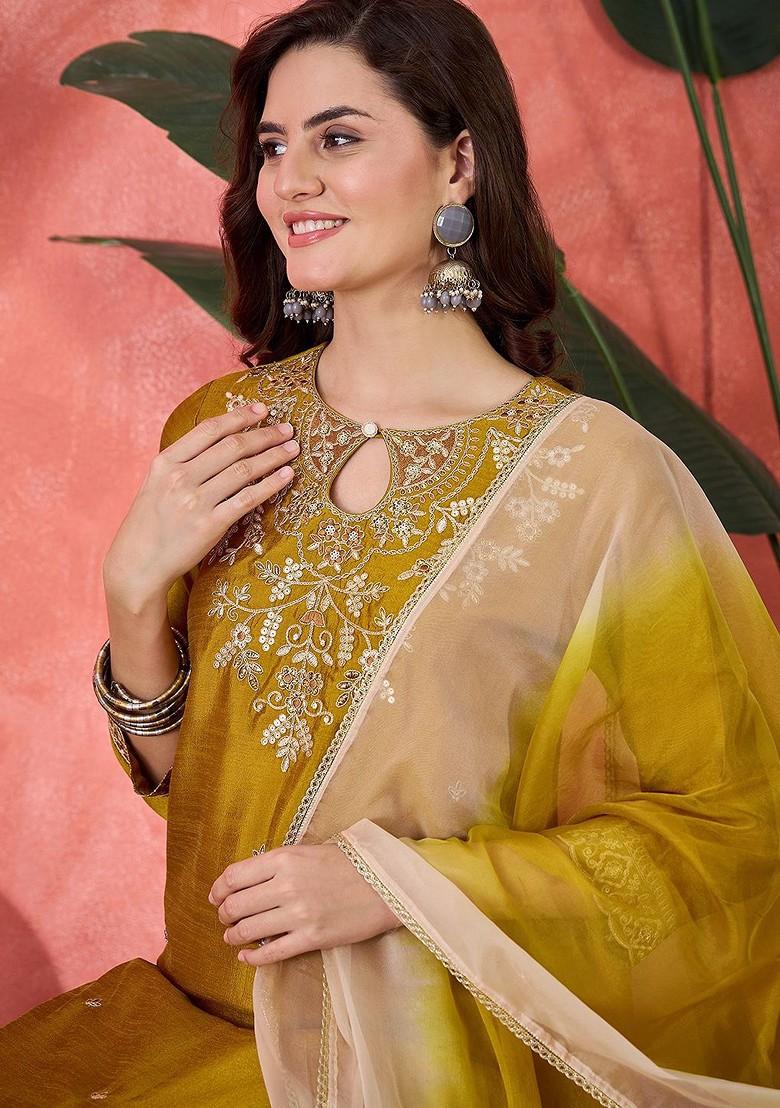 Mustard Yoke Design Blended Kurta Set - Indya