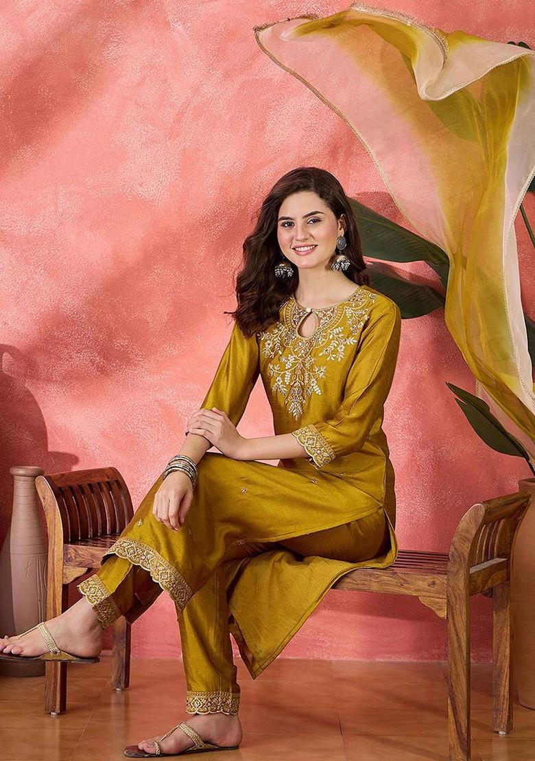 Mustard Yoke Design Blended Kurta Set - Indya