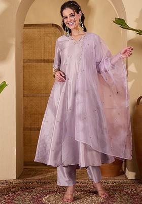 Purple Embroidered Blended Kurta Set