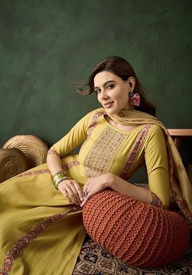 Yellow Embroidered Blended Kurta Set