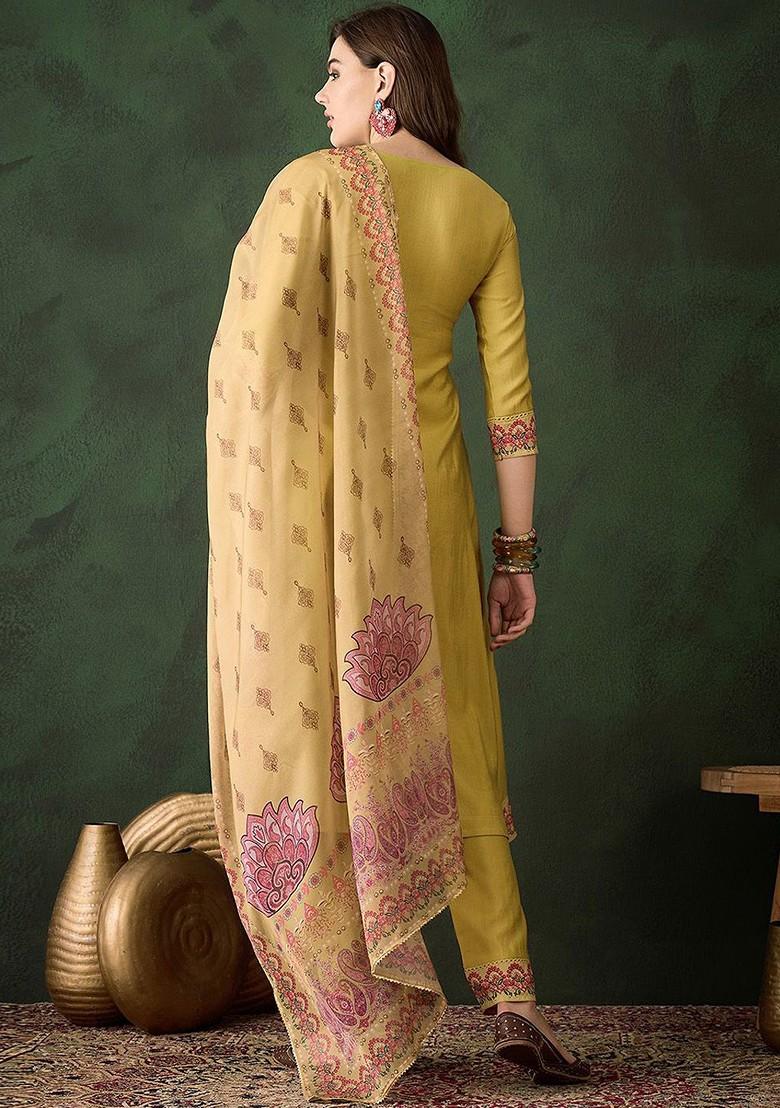 Yellow Embroidered Blended Kurta Set - Indya