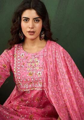 Pink Printed Blended Kurta Set