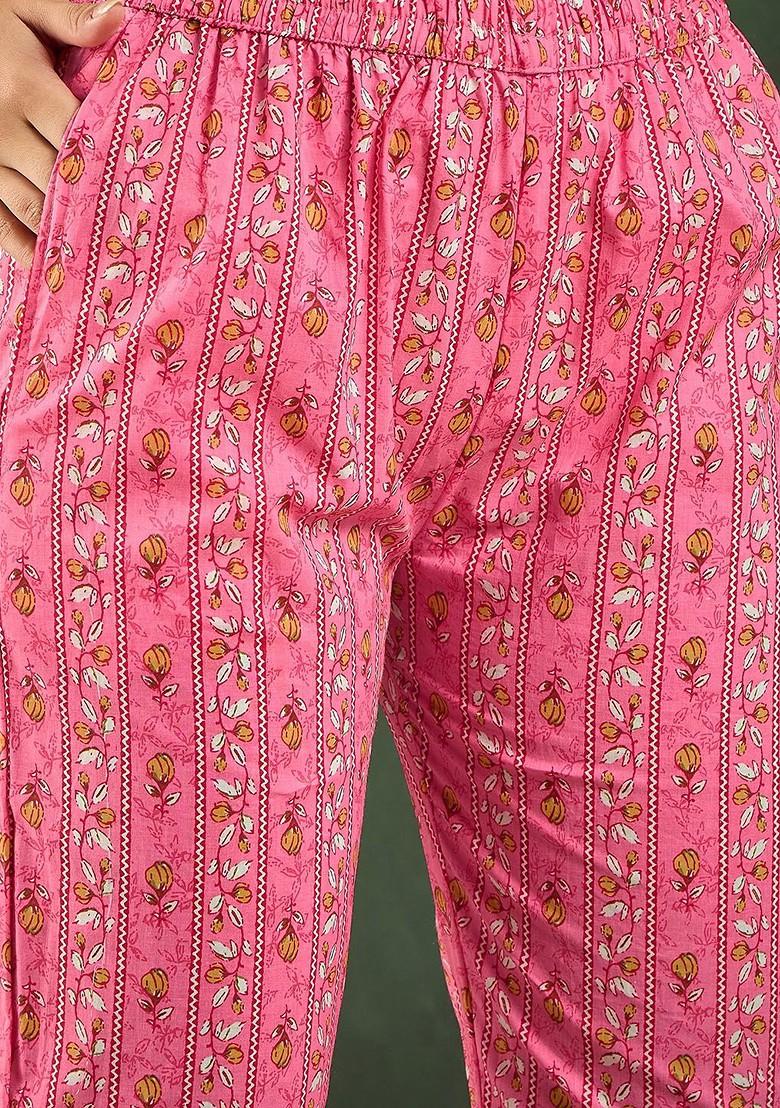 Pink Printed Blended Kurta Set - Indya