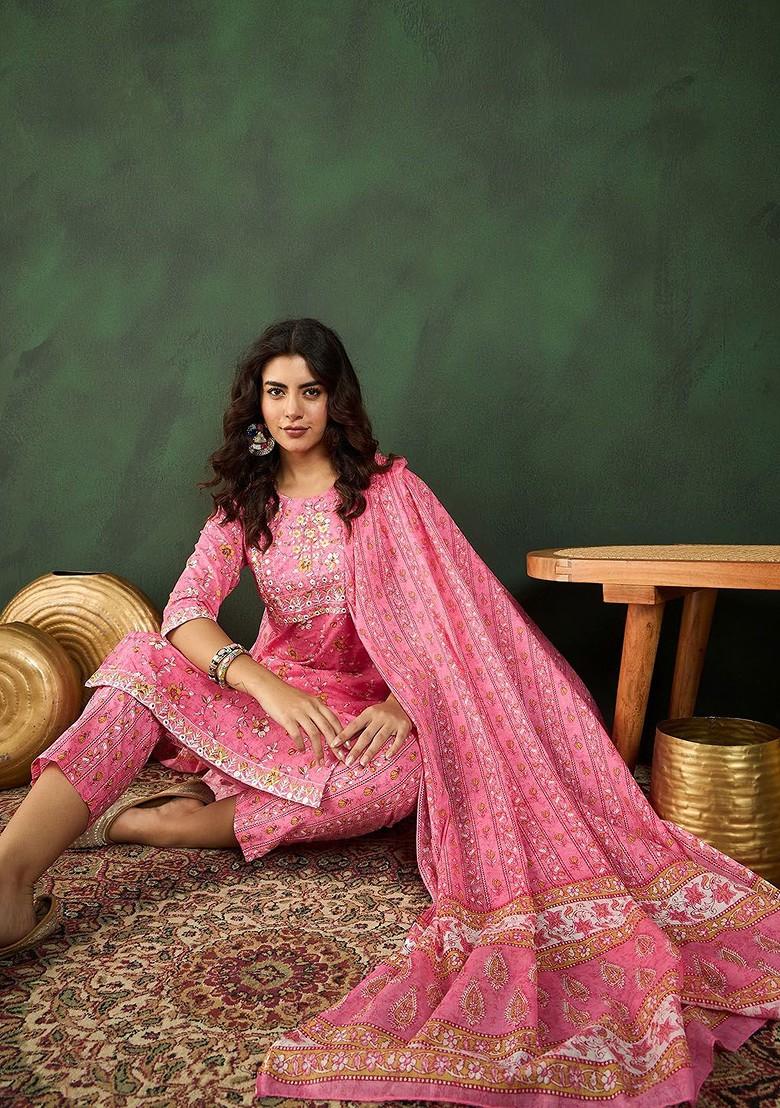Pink Printed Blended Kurta Set - Indya