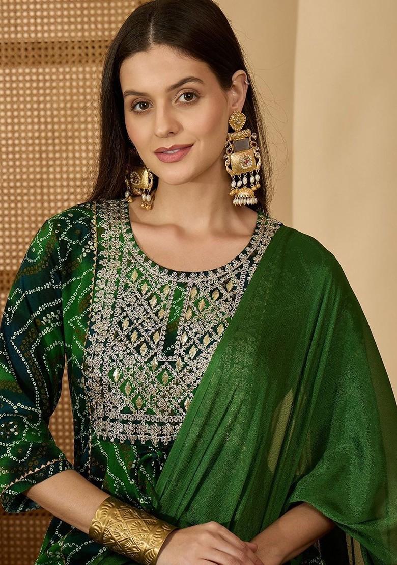 Green Printed Blended Kurta Set - Indya