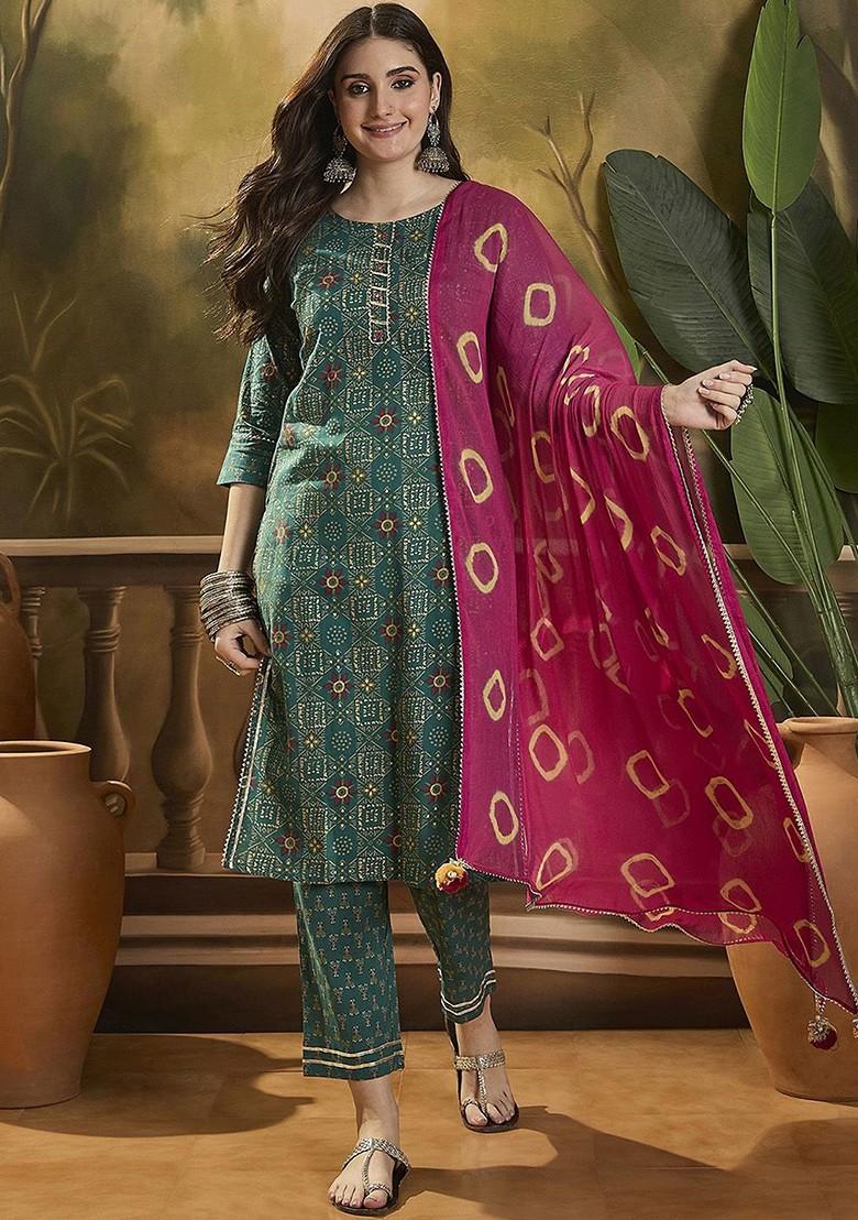 Green Printed Blended Kurta Set - Indya