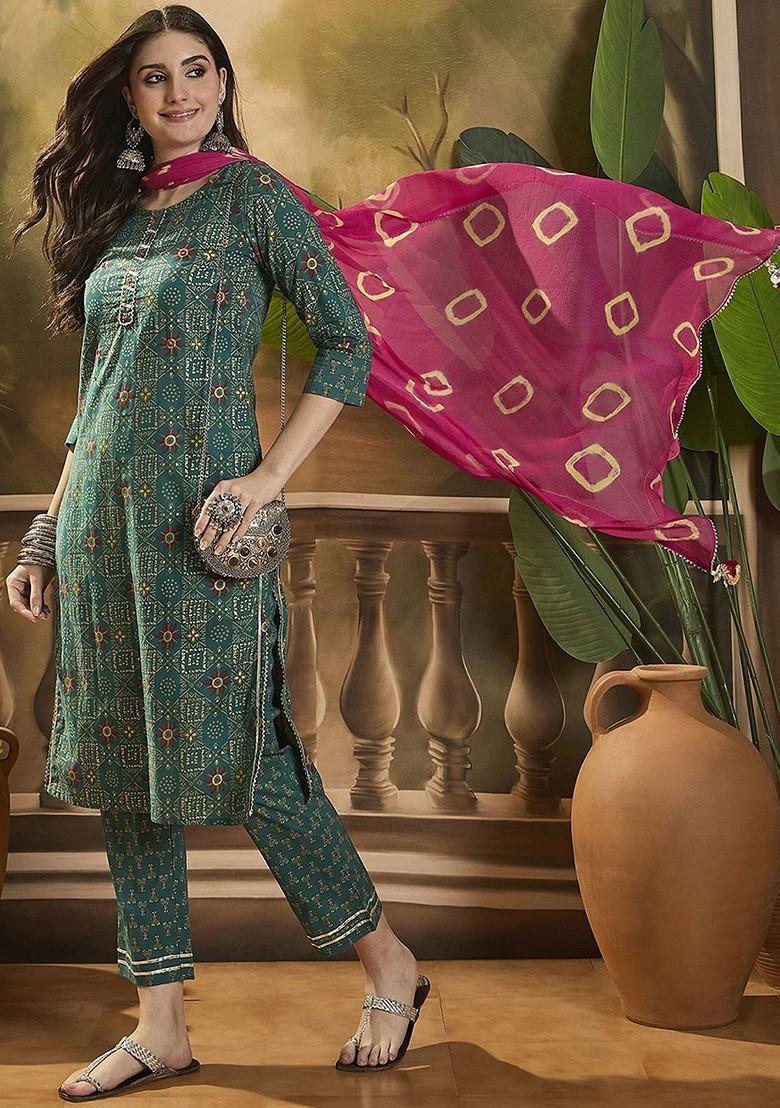 Green Printed Blended Kurta Set - Indya