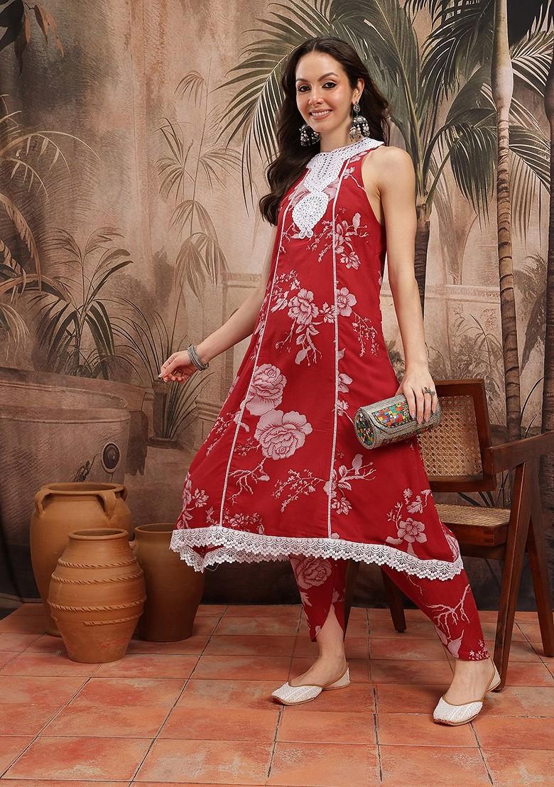 Red Printed Blended Kurta Set - Indya