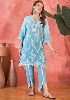 Blue Embroidered Blended Kurta Set