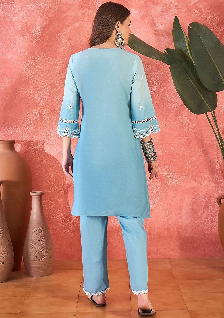 Blue Embroidered Blended Kurta Set - Indya