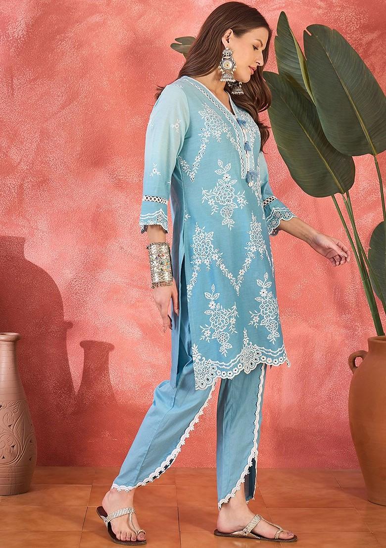 Blue Embroidered Blended Kurta Set - Indya