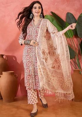 Cream Printed Blended Kurta Set
