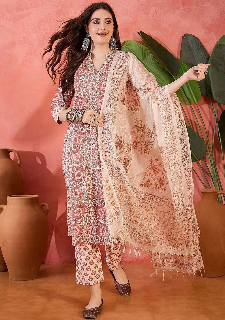 Cream Printed Blended Kurta Set - Indya