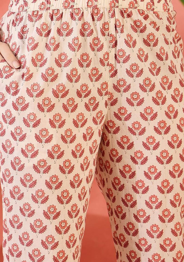 Cream Printed Blended Kurta Set - Indya