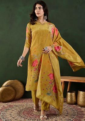 Mustard Printed Blended Kurta Set