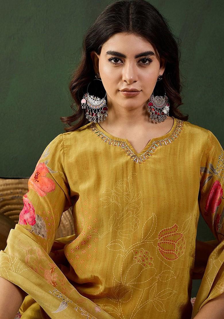 Mustard Printed Blended Kurta Set - Indya