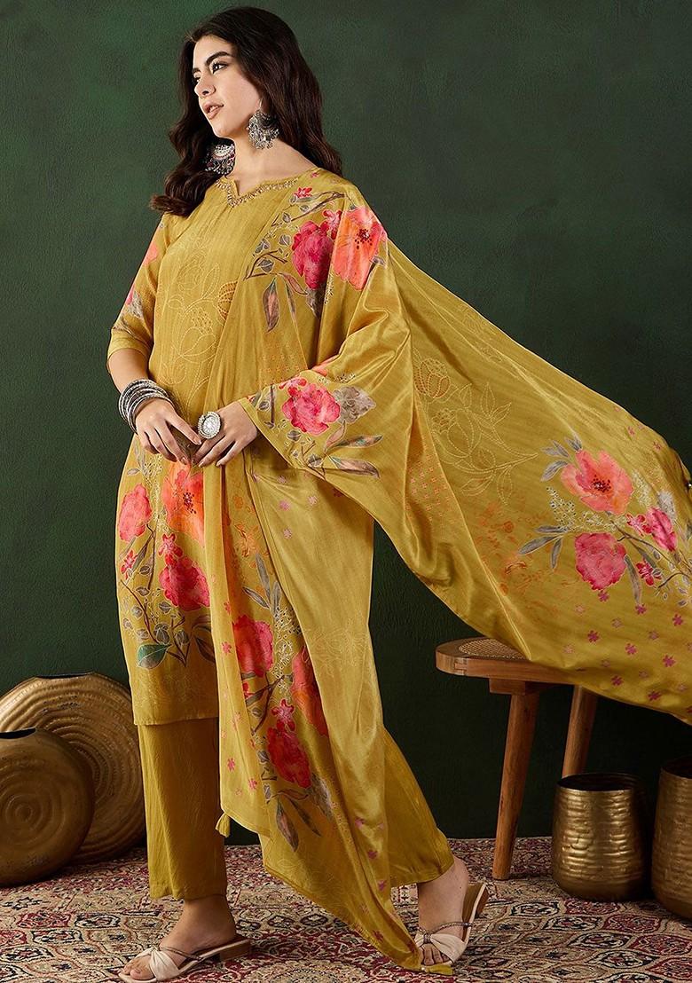 Mustard Printed Blended Kurta Set - Indya