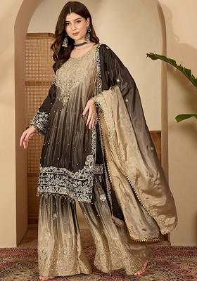 Black Embroidered Blended Kurta Set