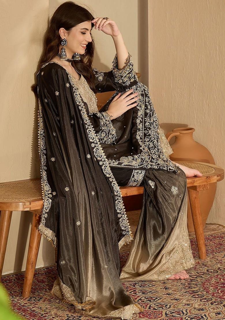 Black Embroidered Blended Kurta Set - Indya
