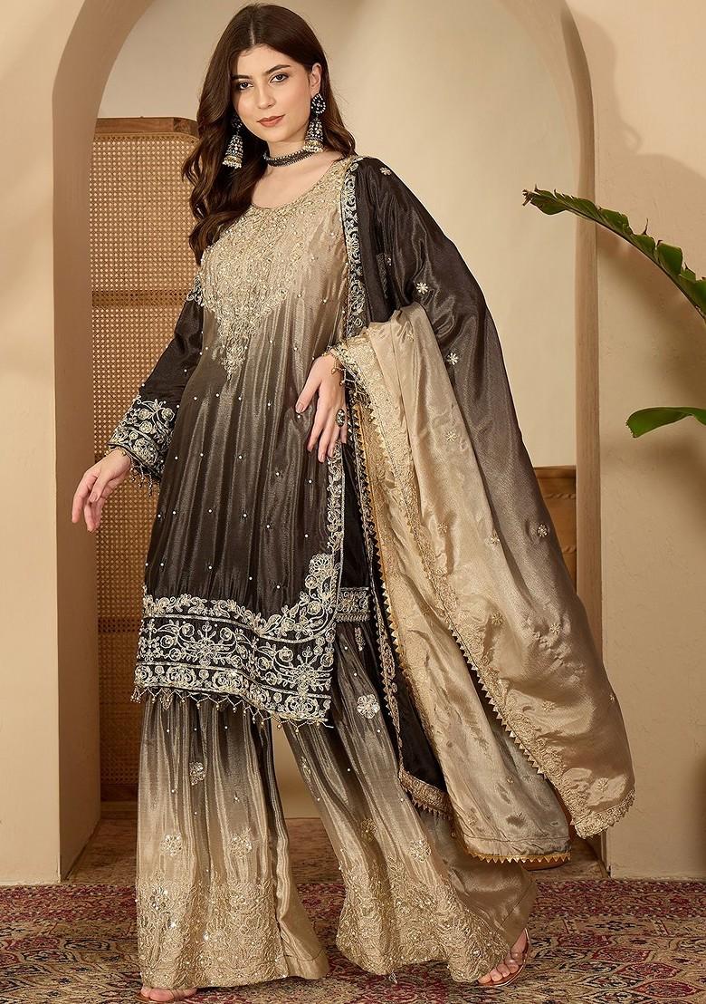 Black Embroidered Blended Kurta Set - Indya