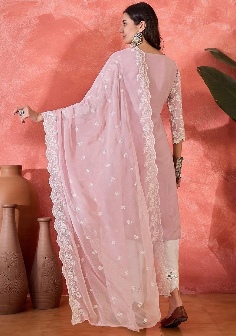 Pink Embroidered Blended Kurta Set - Indya
