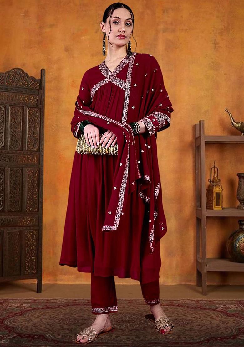 Burgundy Sequinned Blended Kurta Set - Indya