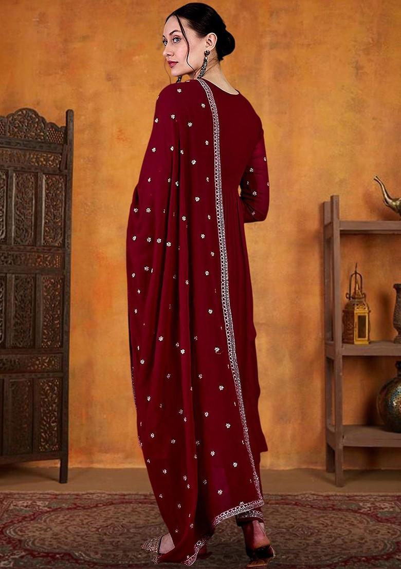 Burgundy Sequinned Blended Kurta Set - Indya