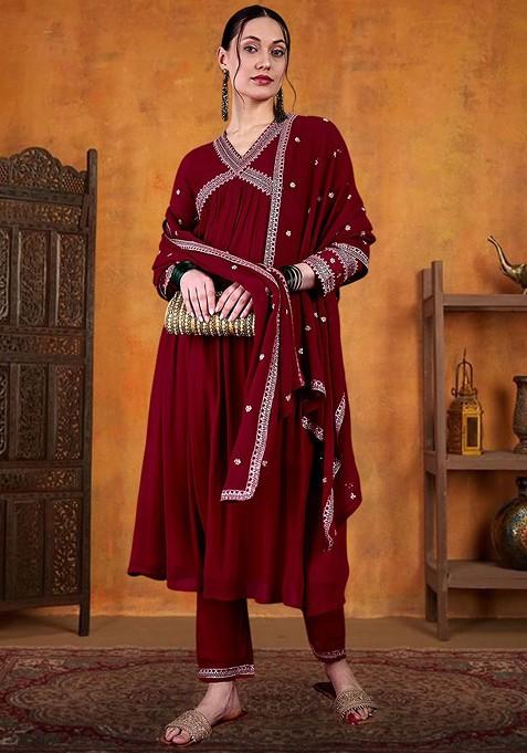 Burgundy Sequinned Blended Kurta Set