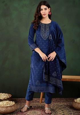 Navy Blue Printed Blended Kurta Set