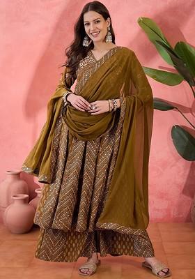 Mustard Self Design Blended Kurta Set