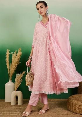 Pink Embroidered Blended Kurta Set