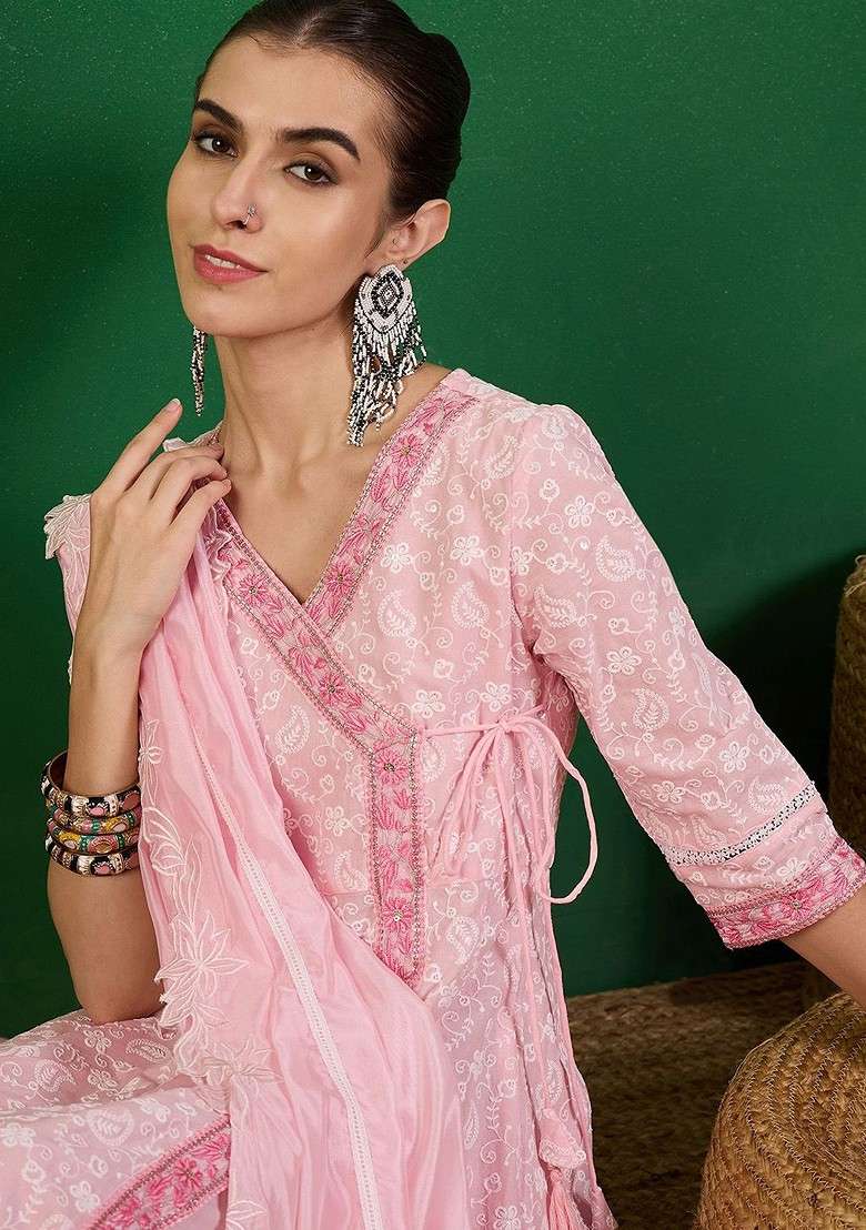 Pink Embroidered Blended Kurta Set - Indya